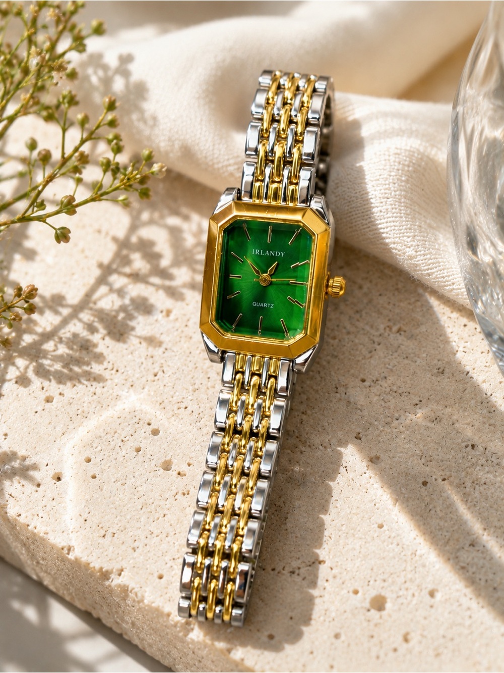 Anthropologie Two-Tone Gold & Silver Watch with Green Dial